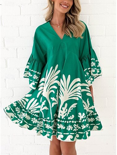  女性用 ミニドレス カジュアルドレス 自由奔放に生きるドレス ヴィンテージ カジュアル バケーション 日常 レギュラー フラワー 七分袖 Ｖネック グリーン 春 秋