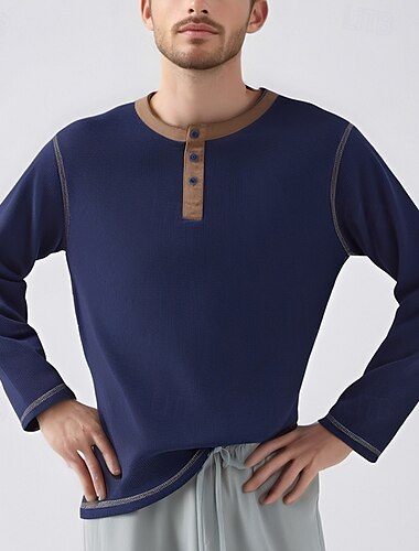  Herren T Shirt Henley Shirt Waffelstrick-T-Shirt T-Shirt langarmshirt Langarm Farbblock Modisch Designer Basic Patchwork Henley Urlaub Strasse Ausgehen Frühling & Herbst Marineblau Henley T-Shirt