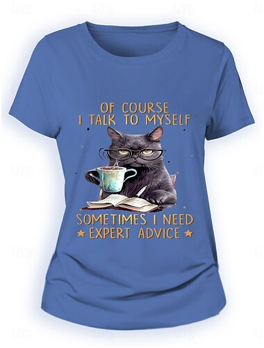  Women's T Shirt Cat Letter Casual Short Sleeve Round Neck Regular Tops Daily Print Black Blue Green Summer