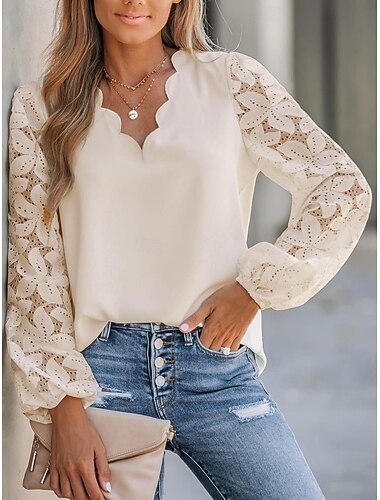  Per donna Camicia Blusa Tinta unica Essenziale Informale Manica lunga A V Top regolari Giornaliero Pizzo Collage Blu marino Verde Beige Estate Primavera