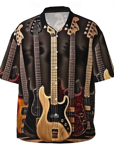  Voor heren Muziekinstrument Normaal shirt Overhemd met knopen Korte mouw Mode-casual Causaal Casual Zomer Lente Strijkijzer Dichtknopen Bruin