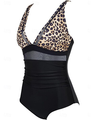  Women's Swimwear One Piece Swimsuit Backless Patchwork Vintage Fashion Leopard V Neck Sleeveless Bathing Suits