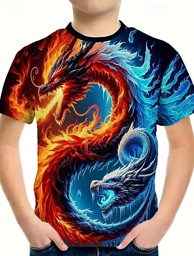  Jongens 3D Grafisch Draak T-shirt Korte mouw Zomer Lente Modieus Basic Kinderen 4-12 jaar Strakke ronde hals Buiten Casual Dagelijks Normale pasvorm