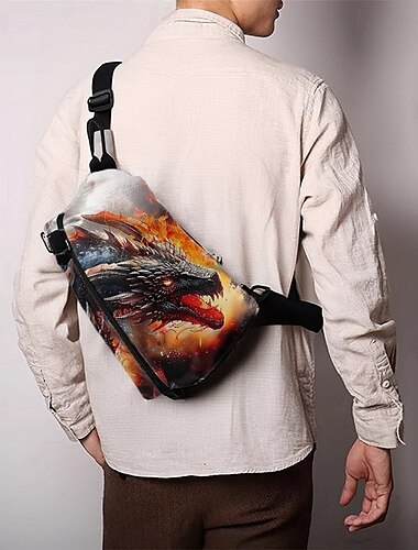  Umhängetasche mit Drachen-Print und verstellbarem Riemen, lässige, leichte Brusttasche für Männer und Frauen, perfekt für Reisen, Sport und Outdoor-Aktivitäten, gelb, blau, orange