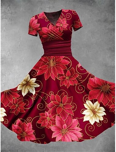  Vestido midi feminino com estampa gráfica e decote em V, elegante, para casa, diário, manga curta, verão