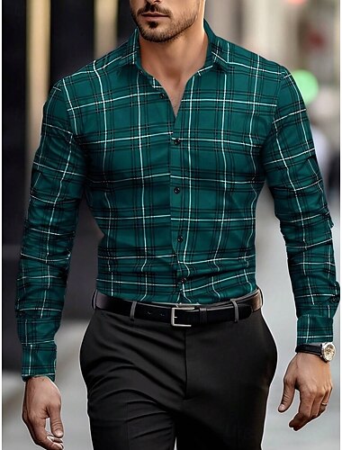  Herren Sommerhemd Freizeithemd Strandhemd Knopfhemd Karierte Hemden Gelb Rote Blau Grün Grau Langarm Kariert / Gestreift / Zickzack / Rund Revers Urlaub Hawaiianisch Button-Down Bekleidung Polyester