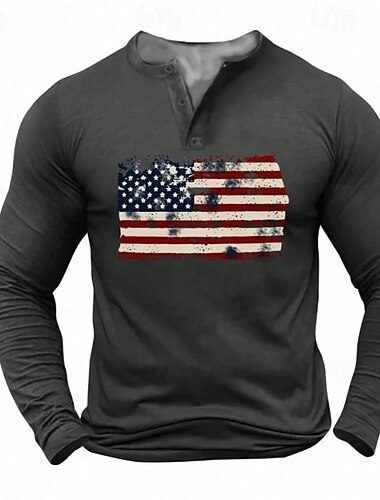  Herren Amerikanische US-Flagge Henley Shirt T-Shirt T-Shirt Langarm Vintage Modisch Komfortabel Casual Täglich Frühling & Herbst Mattgrau Schwarz Khaki Hellgrau Henley Henley T-Shirt