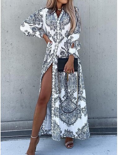  Femme Robe Maxi Robe chemise Robe casual Robe Évasée Robe Trapèze Décontractées du quotidien Standard Floral manche longue Col de Chemise Bleu Vert Gris Eté Printemps Automne