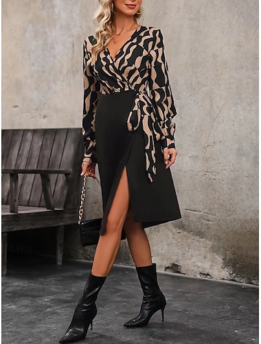  Women's Midi Dress Casual Dress Wrap Dress A Line Dress Stylish Casual Vacation Daily Regular Fit Color Block Long Sleeve V Neck Black Spring Fall