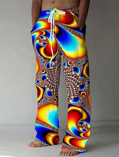  Herre Geometrisk 3D Print Blend farge Uformelle bukser Bukser Medium Midje Elastisk midje med snøring Hawaiisk Fritid utendørs Feriereise Ferie Bukser med rett ben Sommer Vår Høst 3D-utskrift Rød Blå
