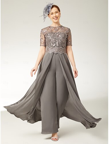  Jumpsuits Mutter der Braut Eleganter Juwelenkragen Knöchellang Stretch-Chiffon Kurzarm mit Spitzenfalten 2025