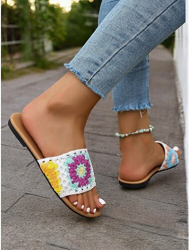  Sandalias de crochet tejidas a mano para mujer con estampados florales coloridos, zapatos planos bohemios de verano para playa, vacaciones y ropa informal