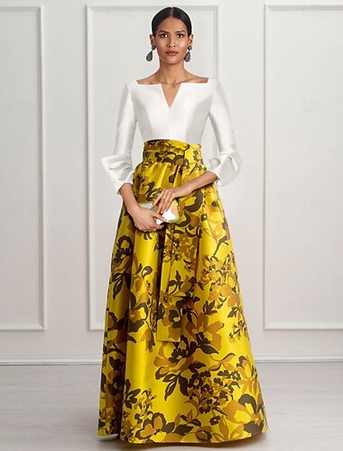  A-Linie Abendkleid Hoher Schlitz Formelles bodenlanges Langarm V-Ausschnitt Satin mit Blumenmuster Hochzeitsgastkleid 2025