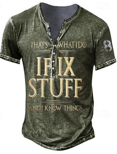  Männer Lustiges "Ich repariere Sachen und ich weiß Dinge" Grafik T-Shirt Kurze Ärmel Henley Vintage Handwerker T-Shirt