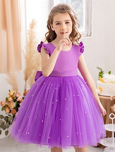  Flower Girl Dress Kid's Girls' Princess Dress Performance Wedding Party Elegant Beautiful Mesh Solid Color Sleeveless Crew Neck Light Yellow Light Pink 4 years+