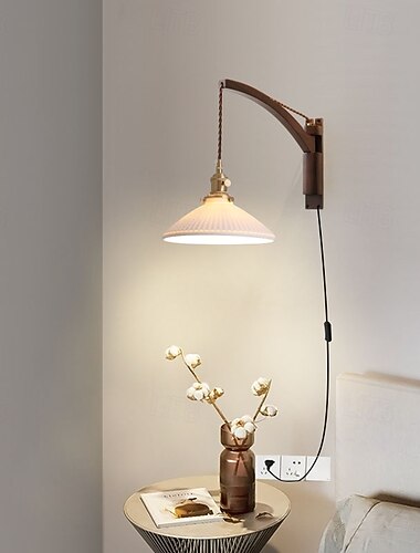  Nachttisch-Wandleuchte, Wandleuchte mit Keramik-Lampenschirm, LED-Wandleuchte mit Holz-Lampenaufhängung im skandinavischen Stil, Wandleuchte zum Einstecken