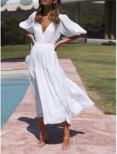  Robe casual Robe Trapèze Robe unie Femme Robe Maxi Ruché Sport & Loisir Plein Air Décontractées Col V Manche Courte Standard Noir Blanche Fuchsia S M L XL