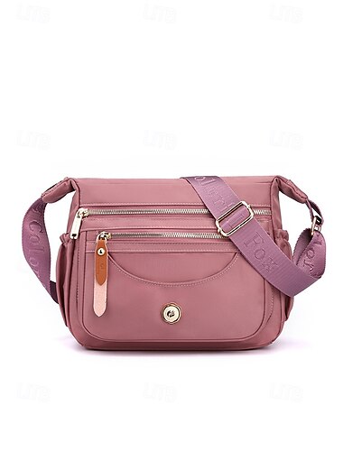  Umhängetasche aus Nylon für Damen mit mehreren Taschen, leichte und wasserabweisende Schultertasche für den Alltag und auf Reisen, Erdgelb, Schwarz, Rosa