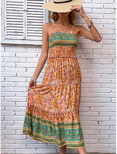  Women's Maxi Dress Casual Dress Boho Chic Dresses Boho Dress Bohemia Stylish Casual Vacation Daily Beach Loose Fit Graphic Sleeveless V Neck Orange Summer Spring