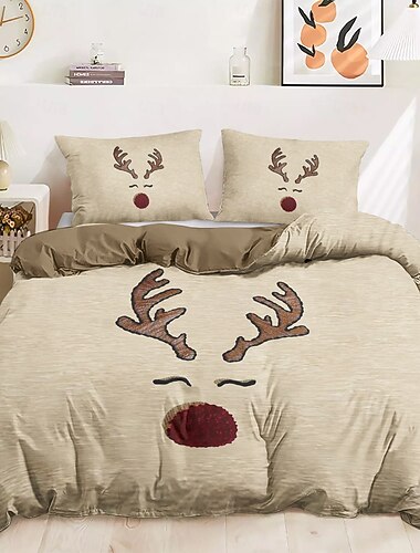  סט כיסוי פוך בהדפס איילים 100% כותנה סט מצעים רך ונעים עם עיצוב איילי חג מושלם לעונת החורף עיצוב חדר שינה מסוגנן טיפוח קל לכביסה במכונה