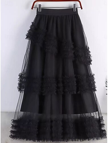  Damen Rock A-Linie Modisch Brautkleider schlicht Maxi Hoher Taillenbund Röcke Einfarbig Rüschen Mikro-elastisch Strasse Täglich Schwarz Rosa Grün Sommer Polyester