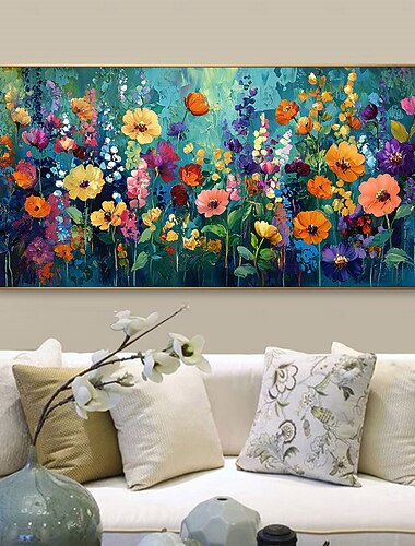  håndlaget originale fargerike blomster maleri oljemaleri på lerret abstrakt tekstur blomst gruppe maleri veggkunst for hjemmeinnredning med strukket ramme/uten indre ramme maleri