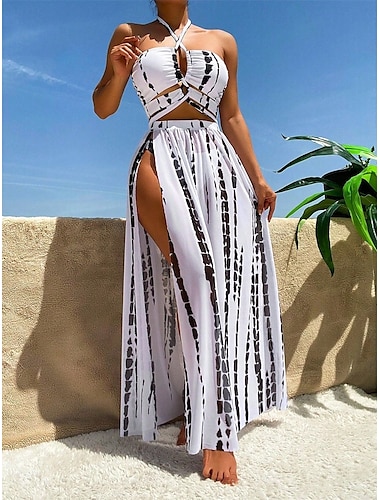  Femme Maillots de Bain Bikinis Trois pièces Maillot de bain Contrôle du Ventre Taille haute Mince Vacances Tenues de plage Géométrique Dos nu Sans Manches Maillots de bain