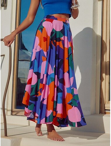  Femme Jupe Trapèze Balançoire Mode Décontractées Maxi Taille haute Jupes Floral Imprimer Micro-élastique Plein Air du quotidien Bleu Eté Polyester