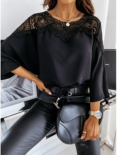  Damen Hemd Bluse Feste Farbe Basic Brautkleider schlicht Langarm Rundhalsausschnitt Normale Oberteile Täglich Spitze Patchwork Schwarz Weiß Herbst Winter