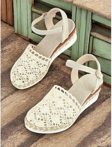 Gehäkelte Espadrille-Keilsandalen für Damen mit Knöchelriemen, leichte Sommerschuhe im Boho-Stil für Freizeit und Strand