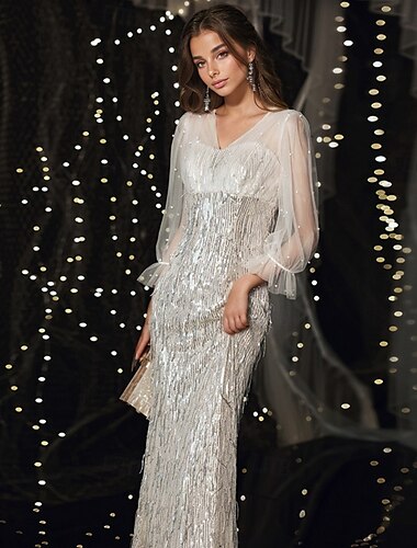  Meerjungfrau/Trompete Ballkleider Vintage Kleid formeller Ball bodenlang Langarm V-Ausschnitt Tüll mit Glitzerquaste 2025