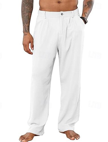  Herren Leinenhose Hose Hosen Sommerhosen Faltenhose Knopf Gerade geschnitten Glatt Komfort Atmungsaktiv In voller Länge B¨¹ro Casual Täglich Modisch Klassicher Stil Schwarz Weiß