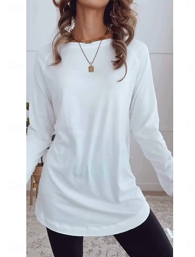  Damen T Shirt Feste Farbe Täglich Brautkleider schlicht Langarm Rundhalsausschnitt Normale Oberteile Arbeit Täglich Patchwork Schwarz Weiß Blau Frühling & Herbst