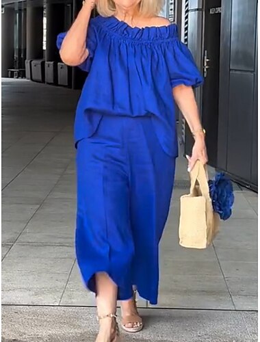  Жен. Мода Уличный стиль Повседневные Рубашка Комплекты, вдохновленные льном Комплекты из двух предметов Чино Рукав 3/4 С открытыми плечами Полотняное плетение Оборки Повседневные Белый Синий Пурпурный