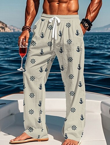  Homens Náutico Âncora Bussola Calças Calça casual Cintura Média Cintura elástica com cordão Havaiana Casual Ao ar livre Férias Feriado Calças de perna reta Verão Primavera Outono Impressão 3D Branco