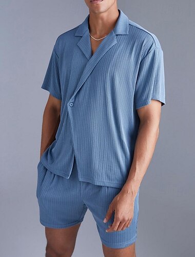  Herren 2 Stück Hemden-Set Sommer-Set Passende Sets Lässiges Hemd Knopfhemd Blau Kurzarm Glatt Kragen Urlaub Täglich Bekleidung Modisch Brautkleider schlicht Komfortabel
