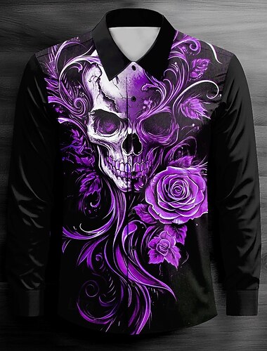  Homme Crânes Cool Chemise décontractée Chemise boutonnée manche longue Sombre Printemps Automne Col rabattu Boutonner Rouge Bleu Violet Vert Noir-Blanc