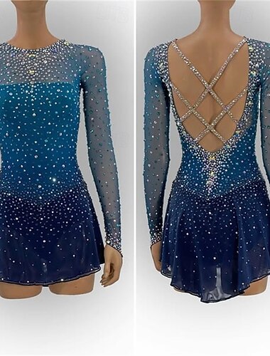  Kunstschaatsjurk Dames Voor meisjes Schaatsen Jurken Blauw Open achterkant Asymetrische zoom Netstof Hoge Elasticiteit Opleiding Wedstrijd Kunstschaatskleding Klassiek Kristal / Bergkristal Lange mouw