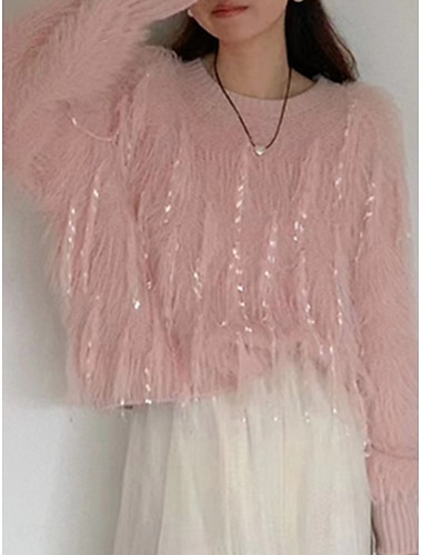 pull rose de Saint-Valentin pour femme décontracté doux couleur pure côtelé col rond gland tricoté manches longues hauts courts tricot extérieur quotidien week-end blanc rose automne hiver