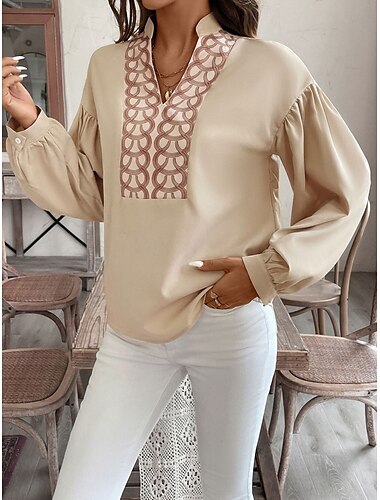  Damen Hemd Bluse Farbblock Ethnisch Brautkleider schlicht Langarm Gekerbter Hals Normale Oberteile Täglich Bedruckt Beige Herbst Winter