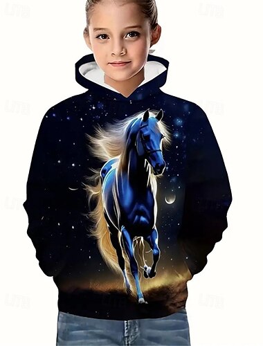  Para Meninas 3D Gráfico Cavalo Moletom Manga Longa Primavera Outono Moda Roupa de rua Infantil 4-12 anos Com Capuz Ao ar livre Casual Diário Normal