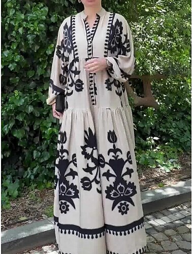  Damen Maxidress Casual kleid Schaukelkleid Boho-Kleid Vintage Ethnisch Brautkleider schlicht Urlaub Täglich Regular Fit Blumen Langarm Gekerbter Hals Schwarz Weiß Frühling Herbst