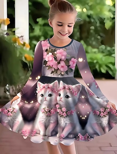  الفتيات 3D الرسم قطة زهور فستان كم طويل الصيف الربيع عطلة مناسب للبس اليومي مناسب للعطلات أميرة جميل حلو أطفال 4-12 سنة لباس غير رسمي فستان شكل حرف A طول الركبة عادي