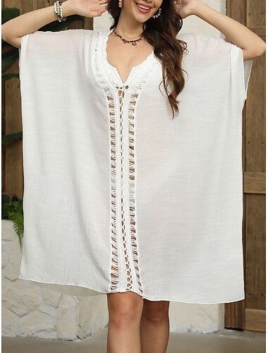  Damen Normal Sommerkleid Tropisch Stilvoll Glatt Midikleid Kurzarm V Ausschnitt Patchwork Lockere Passform Cocktailparty Strand Schwarz Weiß Sommer