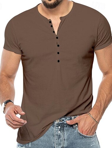  男性用 Tシャツ ヘンリーシャツ ヘンリートップ 半袖 純色 クラシック風 ボタンアップ ヘンリー アウトドア カジュアル アスレイジャー 春 秋 春 & 秋 ダークブラウン ブラック ホワイト ヘンリーTシャツ