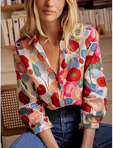  Damen Hemd Bluse Blumen Graphic Elegant Stilvoll Brautkleider schlicht Langarm Hemdkragen Normale Oberteile Arbeit Täglich Festtage Knopf Rote Sommer Frühling