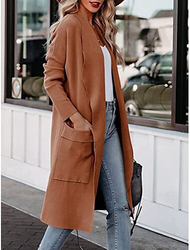  Women's Winter Coat Outdoor Street Daily Fall Winter Long Coat Regular Fit Warm Breathable Comtemporary Stylish Jacket Long Sleeve Solid Color with Pockets Blue Coffee Gray