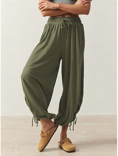  Damen Hose Pumphose Modisch Strassenmode In voller Länge Mittlere Taillenlinie Glatt Kordelzug Komfort Draussen elastisch Urlaub Strasse Täglich Schwarz Armeegrün Rosenrot Frühling Herbst Lockere