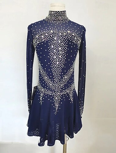  Kunstschaatsjurk Dames Voor meisjes Schaatsen Jurken Donker Marineblauw Duimopening Open achterkant Netstof Hoge Elasticiteit Opleiding Wedstrijd Kunstschaatskleding Klassiek Kristal / Bergkristal