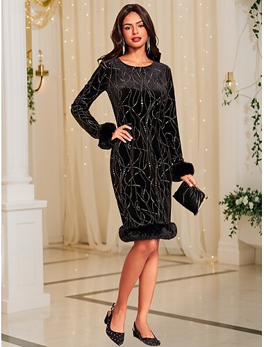  Damen Urlaubskleid Langarm geometrisches Glitzermuster Kunstpelzbesatz elegante Winterparty schwarz normale Passform verschiedene Größen